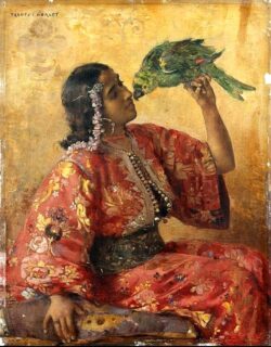 A Moroccan beauty holding a parrot Charlet Dar Taliwint Marrakech
